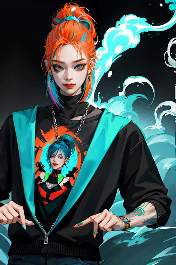 kpop girl with rizz smile face, bad ass, black,neon cyan orange hair, tattoos on hands and neck, piercing, black mixed green striped sweater, cool badass pose, smoke background, colorful smoke background