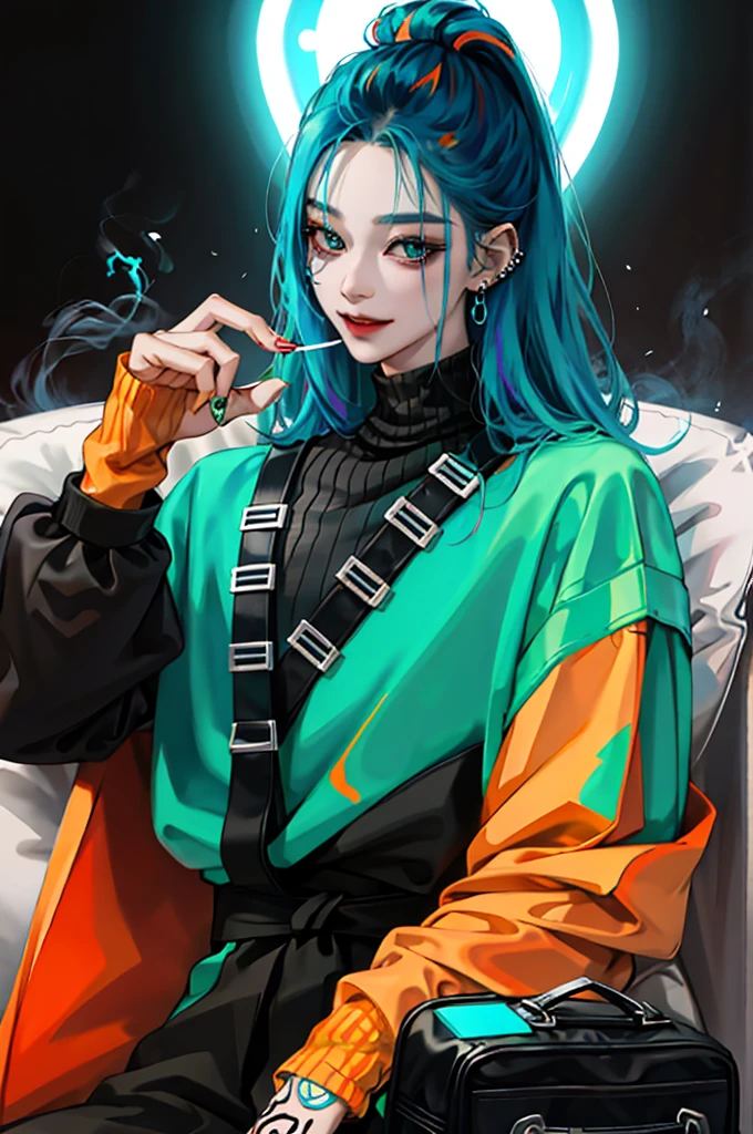 kpop girl with rizz smile face, bad ass, black,neon cyan orange hair, tattoos on hands and neck, piercing, black mixed green striped sweater, cool badass pose, smoke background, colorful smoke background