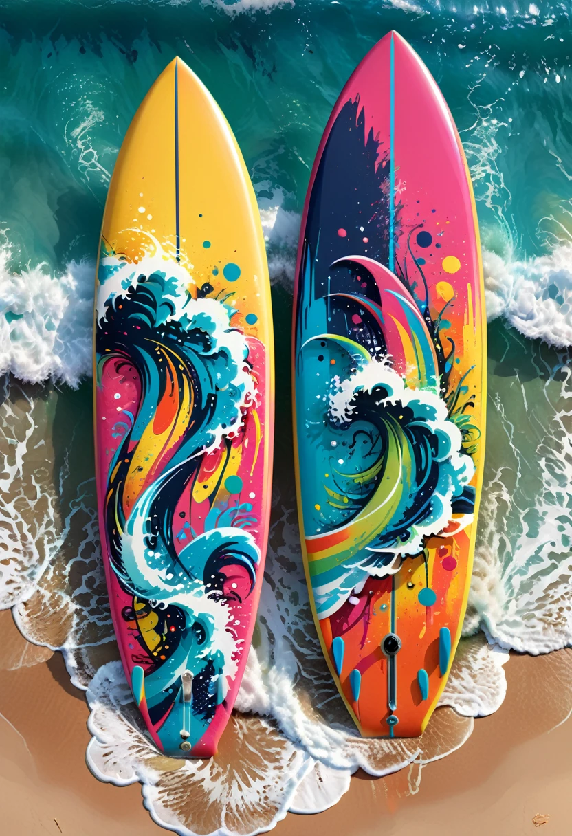 A t-shirt featuring vector art of a colorful illustration featuring two surfboards, At the center, swirly vibrant colors, paint splashes and smears, high détail, t-shirt
(work of art, best qualityer, proffesional, perfect composition, very aesthetic, absurdrez, super verbose, details Intricate:1.3)