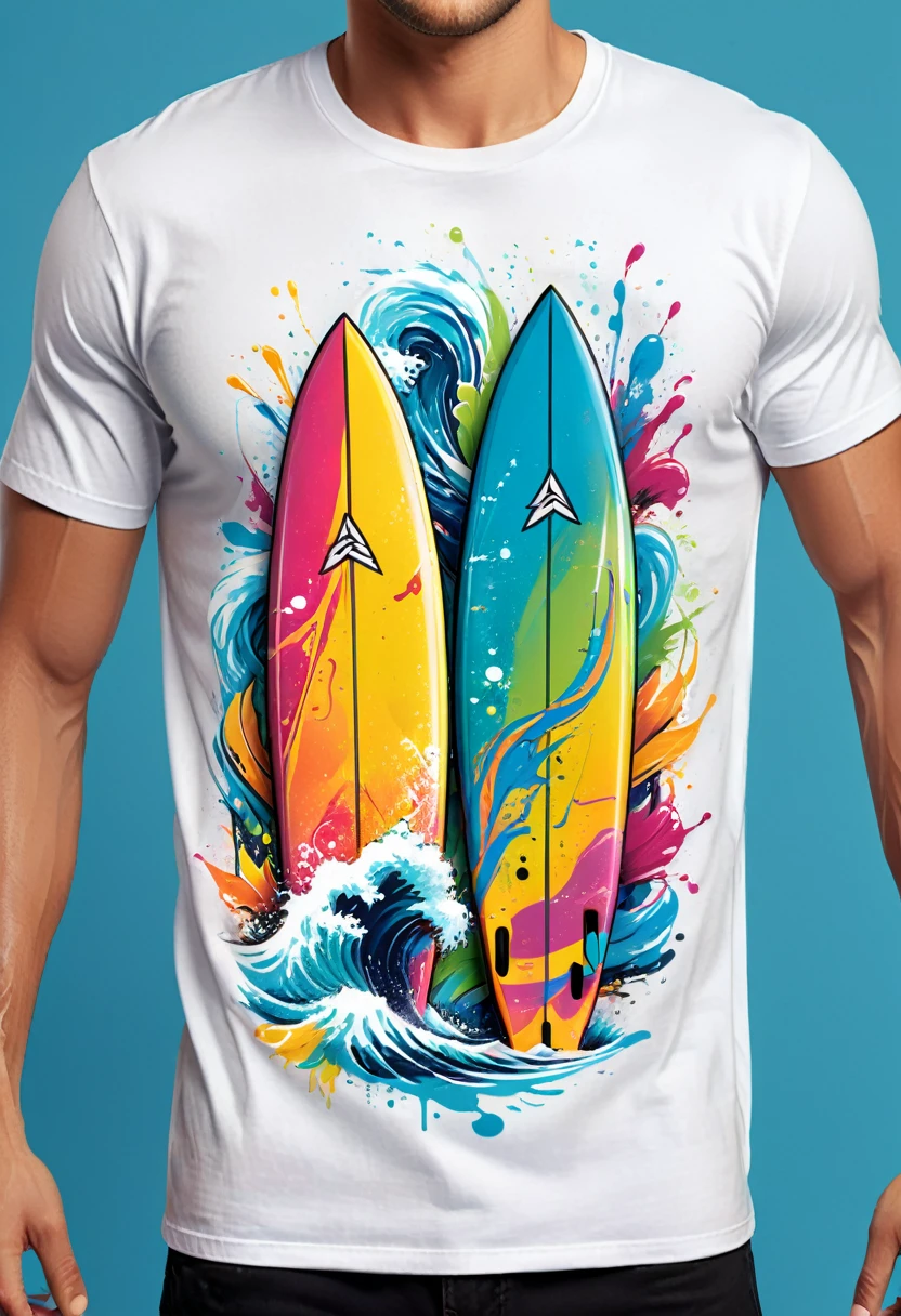 A t-shirt featuring vector art of a colorful illustration featuring two surfboards, At the center, swirly vibrant colors, paint splashes and smears, high détail, t-shirt
(work of art, best qualityer, proffesional, perfect composition, very aesthetic, absurdrez, super verbose, details Intricate:1.3)