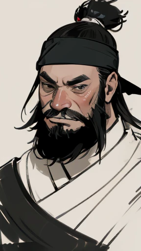 Monochrome,Oriental、Men in ancient Chinese costumes、(ancient chinese hairstyle male)、As seen in the Romance of the Three Kingdoms々military commander、Highest quality、masterpiece、Ultra-high resolution、(Realistic:1.4)、Game Poster、Crisp and beautiful image quality、beard、Embroidered cloth wrapped around a topknot、whole body ,((Skin of color, ),(Heavy Blackbeard):1.2), ( (Very detailed, bloom:1.5), (Highest quality, Concept Art, 4K), (analog:1.2), (high sharpness), (Detailed pupil:1.1), (Painting:1.1), (digital Painting:1.1), Detailed face and eyes, masterpiece, Highest quality, (Very detailed写真:1.1), 8K, photoRealistic, (Black Hair, Dynamic Short Hair), (PurerosFace_v1:0.2), [:(Detailed face:1.2):0.2], sharp, Realistic, Realistic Shadow, 
