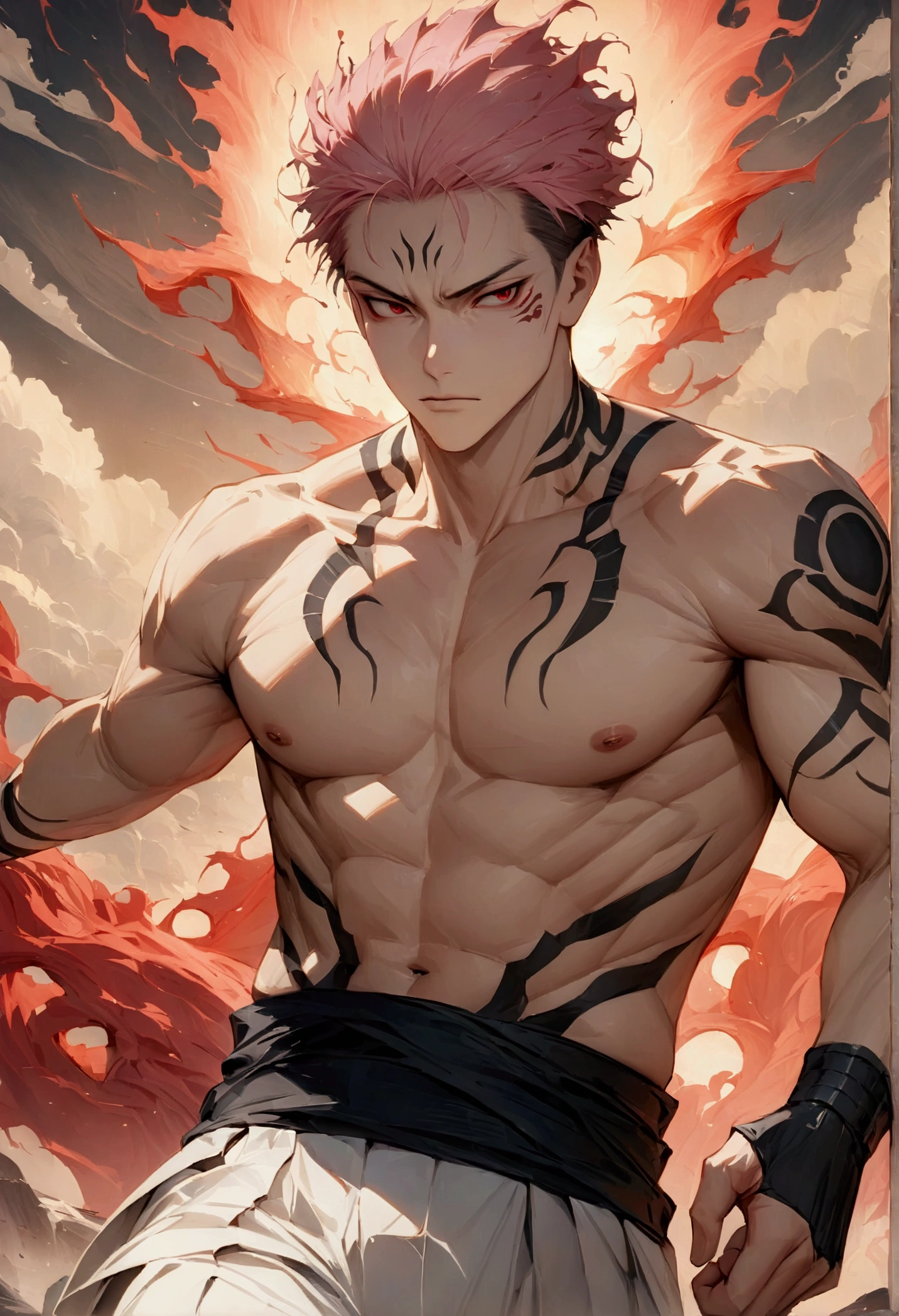 (masterpiece:1.3),(best quality:1.4),(Very detailedな:1.5),high resolution,Very detailed,8K,(1 male,Sukuna two sides,Jujutsu Sea Battle,Pink Hair),
muscle，Tattoo，Handsome white-haired guy，((Topless))，Ultra-short hair，smoke、Red Eyes、（The background is an image of a fiery hell）