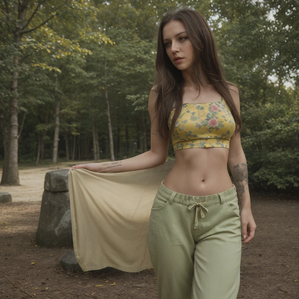 beautiful young woman, 28 years old, 5' 7" tall, medium length straight brown hair, dark green eyes, yellow low waisted pants, green cropped t-shirt with a floral design, bare midriff, rose tattoo on her stomach, arm tattoos, standing in a park, trees, nighttime, ultra realistic, extremely detailed, 8k UHD, well lit