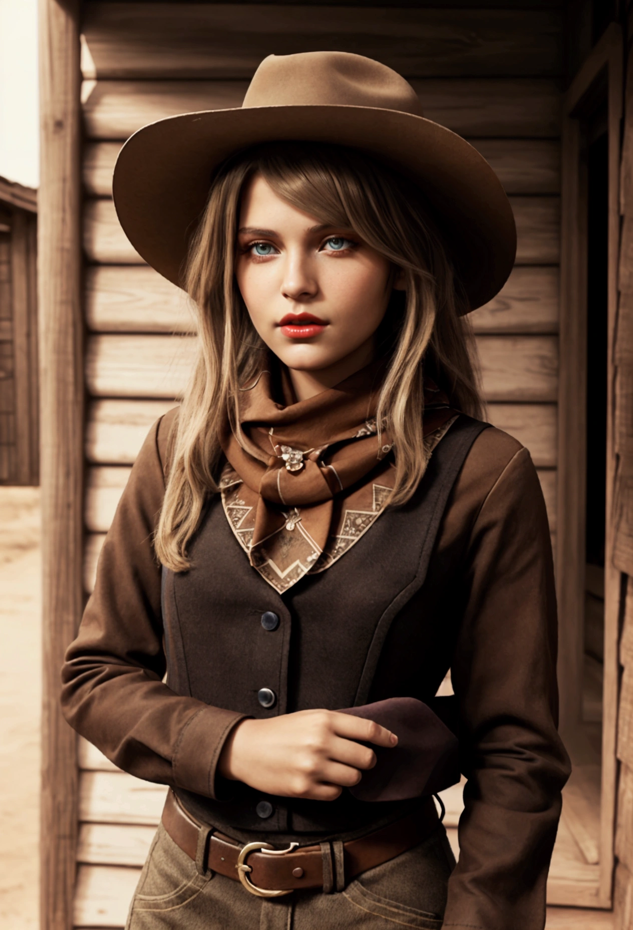 She is a young woman with sunkissed skin and dark eyes. She has long golden hair and red lips. Around her left eye is black eyeshadow. She wears a brown cowboy hat and a grey lumberjack blouse with brown braces. Around her neck she wears a black scarf. Wears an eye patch on his right eye. She wears brown pants. A rifle is over her shoulder. She stands in a old wildwest town. Digital Art, very detailed, artwork, high resolution, portrait, character, digital painting, digital illustration, extreme detail, digital art, 4k, Ultra, hd, hyper realism, sharp image