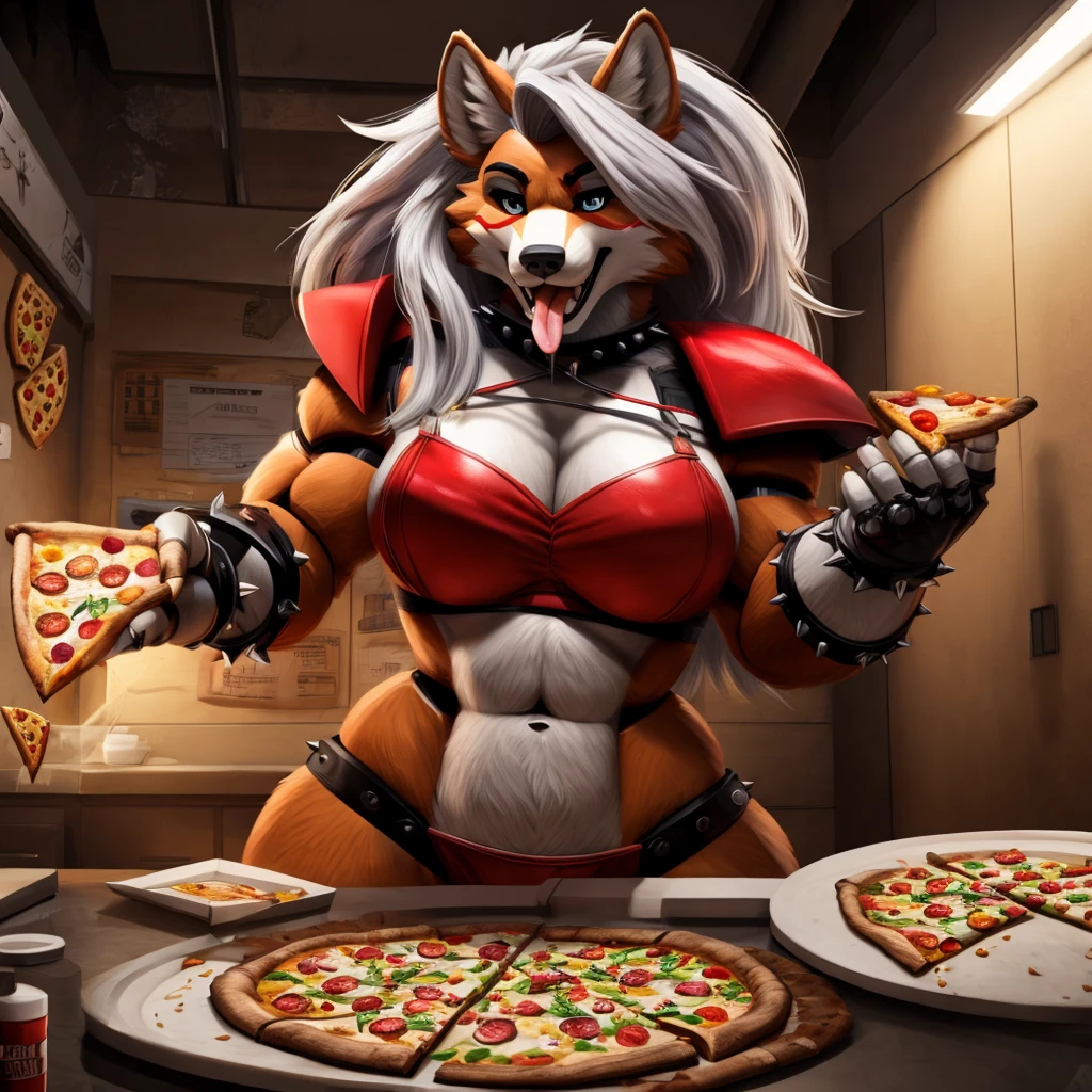 A glamorous, muscular, anthropomorphic bear animatronic character, Glamrock Freddy, in an intimate, erotic encounter with the voluptuous, curvy Loona, an anthro wolf character, in a dimly lit security room at night, surrounded by scattered pizza slices. Loona enthusiastically licks Freddy's large, bulbous, well-endowed member. Highly detailed, photorealistic, 8k, masterpiece
