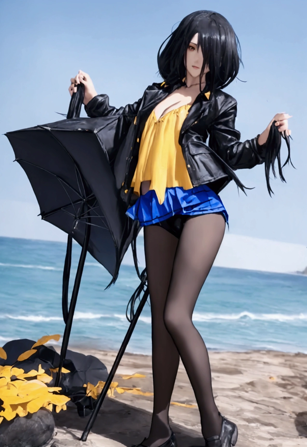 ultra-detailed, highly detailed,nbest quality, masterpiece, illustration, 
A young individual with long, black hair stands on a sandy beach with the ocean in the background. They are wearing a black leather jacket with yellow accents, a black crop top, and blue denim shorts. An umbrella and some stone structures are partially visible behind them. The weather appears sunny and clear.