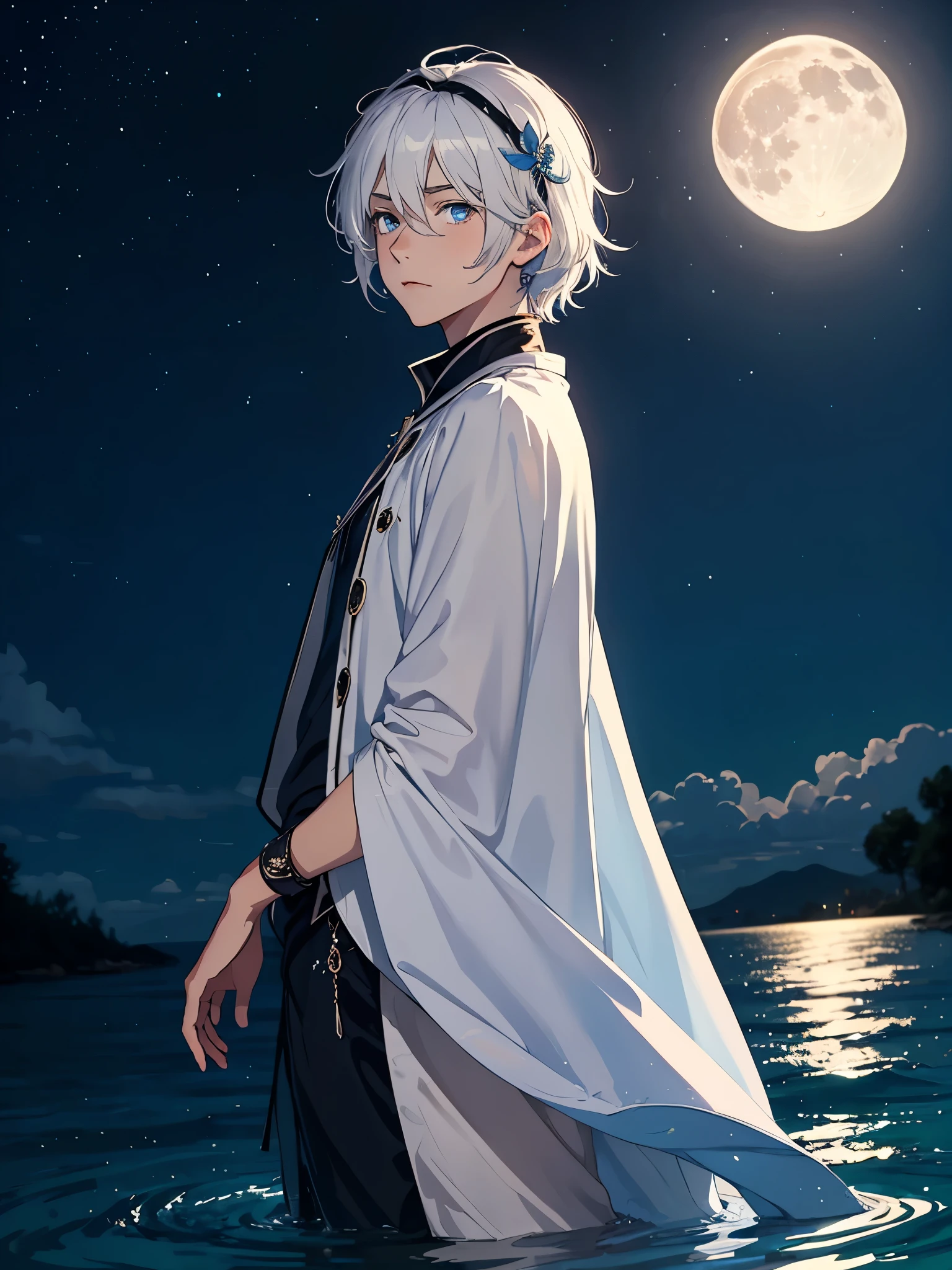 Sehr Lange haare. Mehr anime. aquatic, boy, Goddess of the Moon, silver hair accessories, White hair, White dress, cape, at night, saturated colors, light eyes, bright, light blue light, blue eyes, Jewelry silver, bluish light, Full moon in the background, aquatic in der Luft rosa kerzen