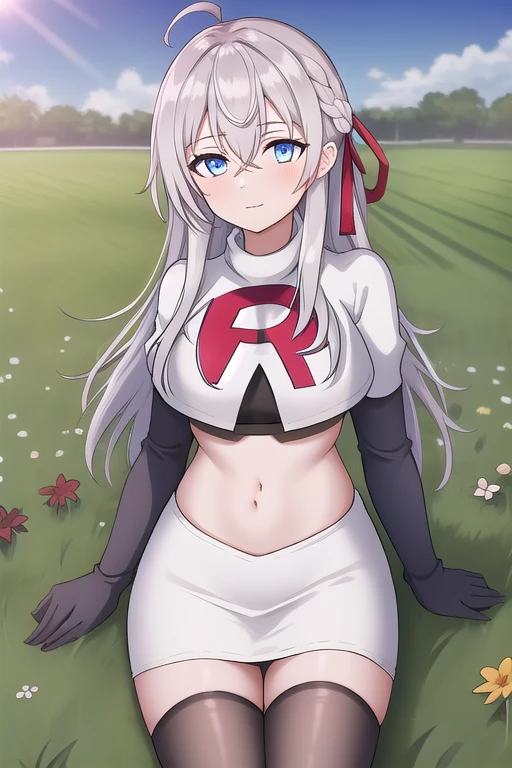 alisa,1girl,solo,long_hair,looking_at_viewer,bangs,blue_eyes,hair_between_eyes,hair_ribbon,ahoge,grey_hair,team rocket,team rocket uniform,white skirt,red letter R,crop top,black thigh-highs,black elbow gloves,flower_field