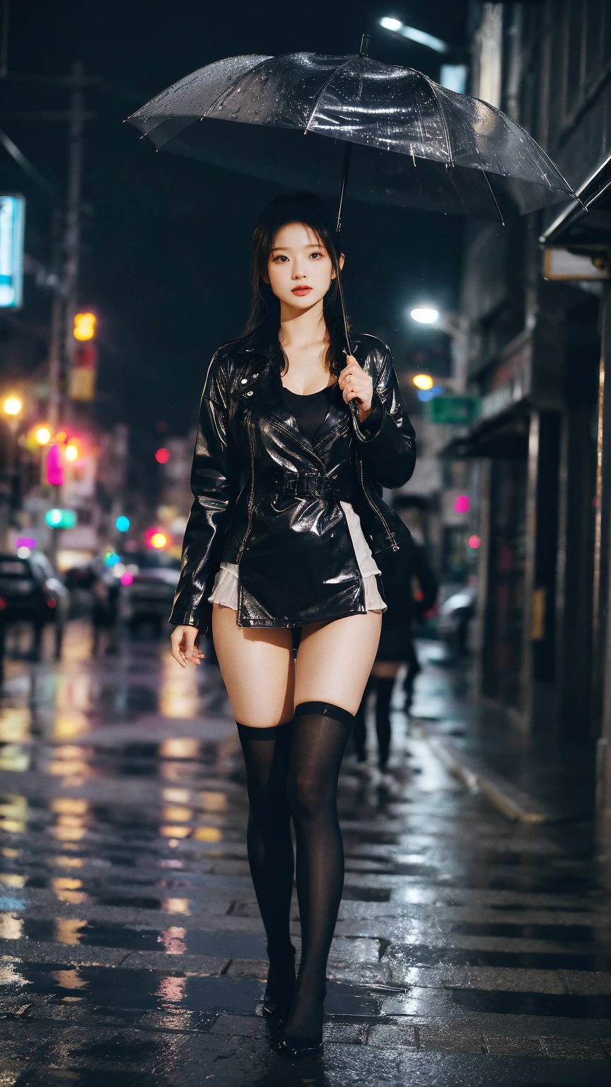 mix4,(8k, RAW photo, best quality, masterpiece:1.2), (realistic, photo-realistic:1.37),1girl,cute,cityscape, night, rain, wet,professional lighting, photon mapping, radiosity, physically-based rendering, full body,thighhighs,legs together, breasts, pending, 1 umbrella, (no clothes), (black sexy jacket)
