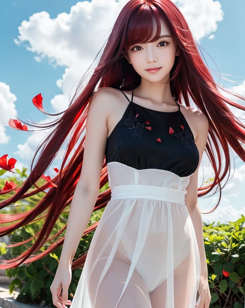 (Highest quality, 32k, High resolution, Masterpiece:1.5, ), marimo_jet, god々A photograph with brilliant dazzling and healing power., Evoking a sense of calm and elusive beauty, Expressing emotions, Have a rich imagination, Beautiful Japanese Girls, ((Looking back:1.2)), An exceptionally beautiful face, Small Face Beauty, Perfect Human Anatomy, Magical big eyes, Motherhood and generosity, Deep Love, fleeting smile, ((Shiny crimson hair:1.4)), Super long straight silk hair swaying in the wind, Asymmetrical bangs, Hair between the eyes, Transparent, soft white skin, Sharp eyebrows, Thin lashes, Natural Makeup, Cheek highlighter, Lips with fine detail, (Black see-through camisole:1.5), High resolutionの完璧な鎖骨, High resolutionの美しい胸元, Slim figure with ample breasts, High resolutionの美しい太もも, ((Beautifully detailed skies:1.2)), ((Vibrant petal effect:1.2)), Professional photographer, Professional Lighting, Professional models, god秘的
