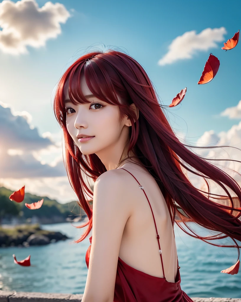 (Highest quality, 32k, High resolution, Masterpiece:1.5, ), marimo_jet, god々A photograph with brilliant dazzling and healing power., Evoking a sense of calm and elusive beauty, Expressing emotions, Have a rich imagination, Beautiful Japanese Girls, ((Low - Angle:1.4)), An exceptionally beautiful face, Small Face Beauty, Perfect Human Anatomy, Magical big eyes, Motherhood and generosity, Deep Love, fleeting smile, ((Shiny Red Hair:1.4)), Super long straight silk hair swaying in the wind, Asymmetrical bangs, Hair between the eyes, Transparent, soft white skin, Sharp eyebrows, Thin lashes, Natural Makeup, Cheek highlighter, Lips with fine detail, (White see-through camisole:1.4), High resolution perfect collarbone, High resolution beautiful bust, Slim figure with ample breasts, High resolutionの美しい太もも, ((Beautifully detailed skies:1.2)), ((Vibrant petal effect:1.2)), Professional photographer, Professional Lighting, Professional models, God's Secret
