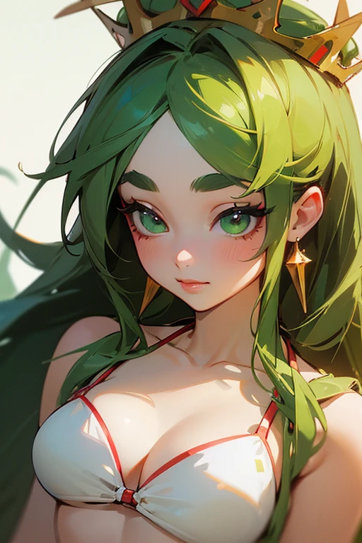 (Highest quality, masterpiece:1.2), High resolution, Very detailed, Realistic:1.37, Fantasy, An illustration, Green Eyes、Queen, Red and green swimsuit、Platinum decoration、beautifully、Eyeshadow Red、Thick eyebrows、Long eyelashes、pupils are black、Her hair is dark green、Gold crown、Kissing Face、Embarrassing、Beloved by the crowd、Hair is green、Braiding、hair ornaments、Laugh gently、Close one eye、Wink、Wink、From the waist up、(White Bikini).