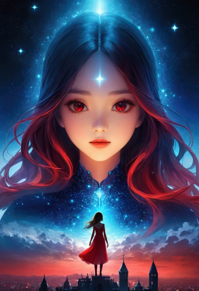 night,Beautiful girl with blue gradient dissolving pixels, 3D Voxel Blocks, A structure that was initially intact but gradually disintegrated in the air, Starry Sky,fantasy,magic,mystery,illusory,Dreamy,(Inverted red symmetrical city silhouette in the sky:1.2), Dramatic lighting,high quality,Octane Rendering,Concept map of the scene,