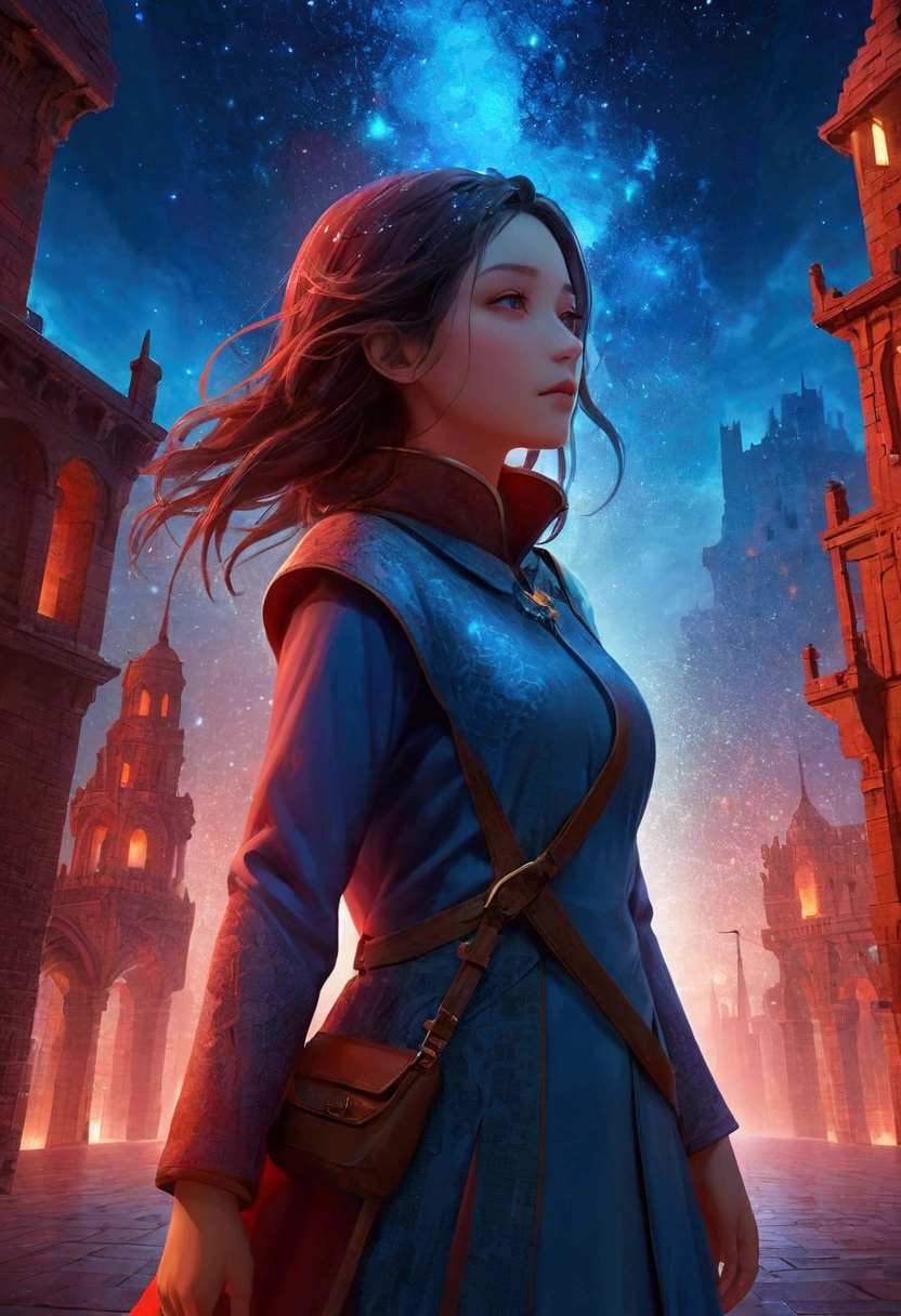 night,Beautiful girl with blue gradient dissolving pixels, 3D Voxel Blocks, A structure that was initially intact but gradually disintegrated in the air, Starry Sky,fantasy,magic,mystery,illusory,Dreamy,(Inverted red symmetrical city silhouette in the sky:1.2), Dramatic lighting,high quality,Octane Rendering,Concept map of the scene,