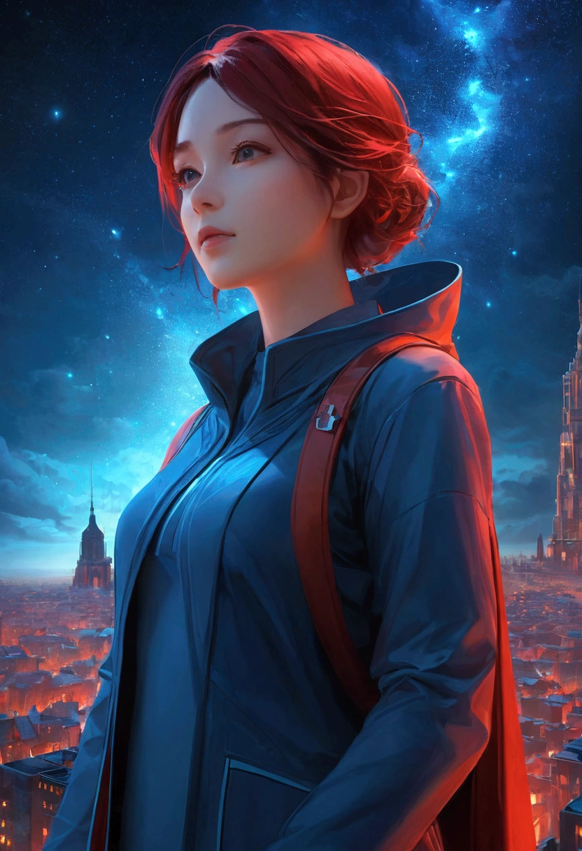 night,Beautiful girl with blue gradient dissolving pixels, 3D Voxel Blocks, A structure that was initially intact but gradually disintegrated in the air, Starry Sky,fantasy,magic,mystery,illusory,Dreamy,(Inverted red symmetrical city silhouette in the sky:1.2), Dramatic lighting,high quality,Octane Rendering,Concept map of the scene,