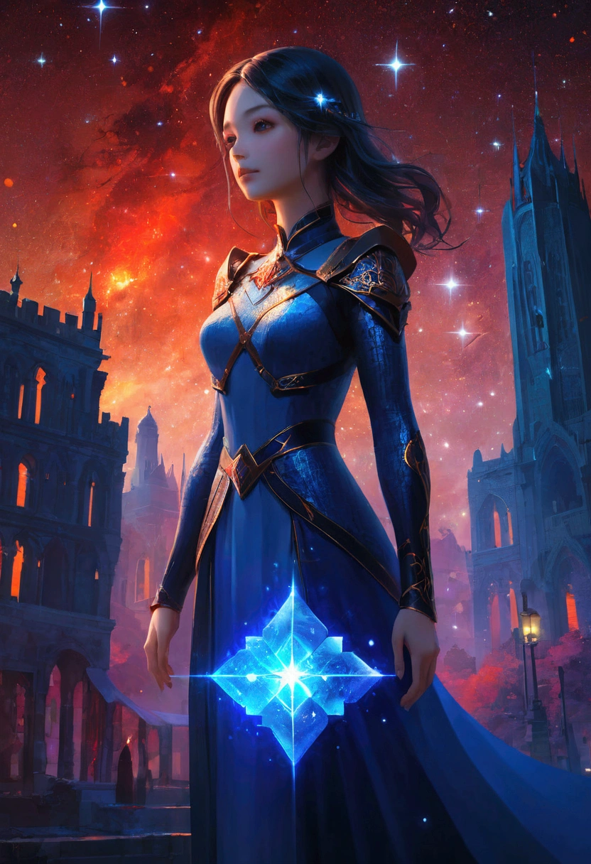 night,Beautiful girl with blue gradient dissolving pixels, 3D Voxel Blocks, A structure that was initially intact but gradually disintegrated in the air, Starry Sky,fantasy,magic,mystery,illusory,Dreamy,(Inverted red symmetrical city silhouette in the sky:1.2), Dramatic lighting,high quality,Octane Rendering,Concept map of the scene,