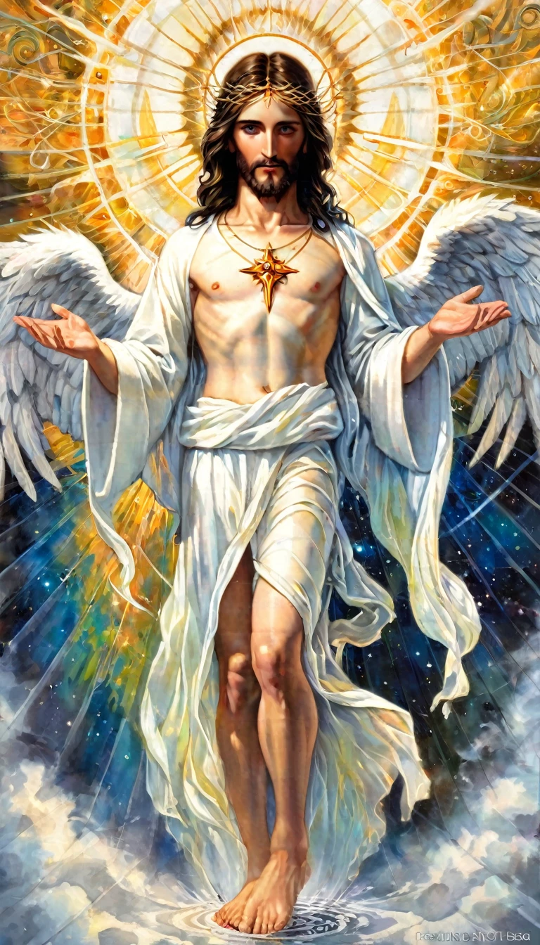 An 8K high-definition portrait of an 18-year-old man(( Jesus Christ full body)) ((An angel man)), (( o Filho de GOD)), GOD, luthien, art of god, GOD da mitologia grega, GOD da Lua, GOD do amor e da paz, beautiful god, Mitologia do GOD da Terra, the god Eros, a stunning portrait of a God, Frank Kelly Freas, Style Karol Bak, ((beautiful face)), Ultra Definition, best qualityer, 32k ultra
