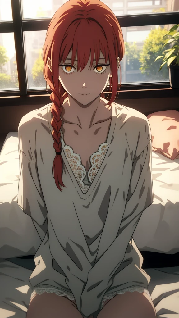 hand \(Chainsaw Man\),, One Girl, only, sit, Redhead, Long braided hair, Golden Eyes,White lace panties, Mid-chest, White shirt, Perfect collarbone,(White panties), (just:1.2), Observe the audience, (close:1.3), , Upper Body, Highest quality, Glowing Skin, Highest quality, High resolution, , bed