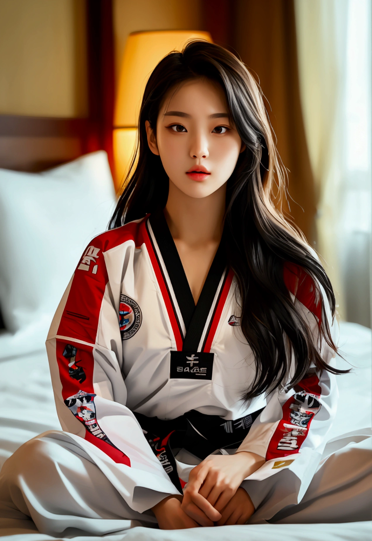 masterpiece, ultra details, best quality, 1 korean taekwondo girl, masterpiece, ultra details, best quality, black long straight hair, wearing white World Taekwondo Federation dobok uniform with black v-neck, wearing taekwondo blackbelt, wearing white martial arts pants without pockets, large sweaty butt, large breasts, laying on hotel bed bending over showing butt, seductive face