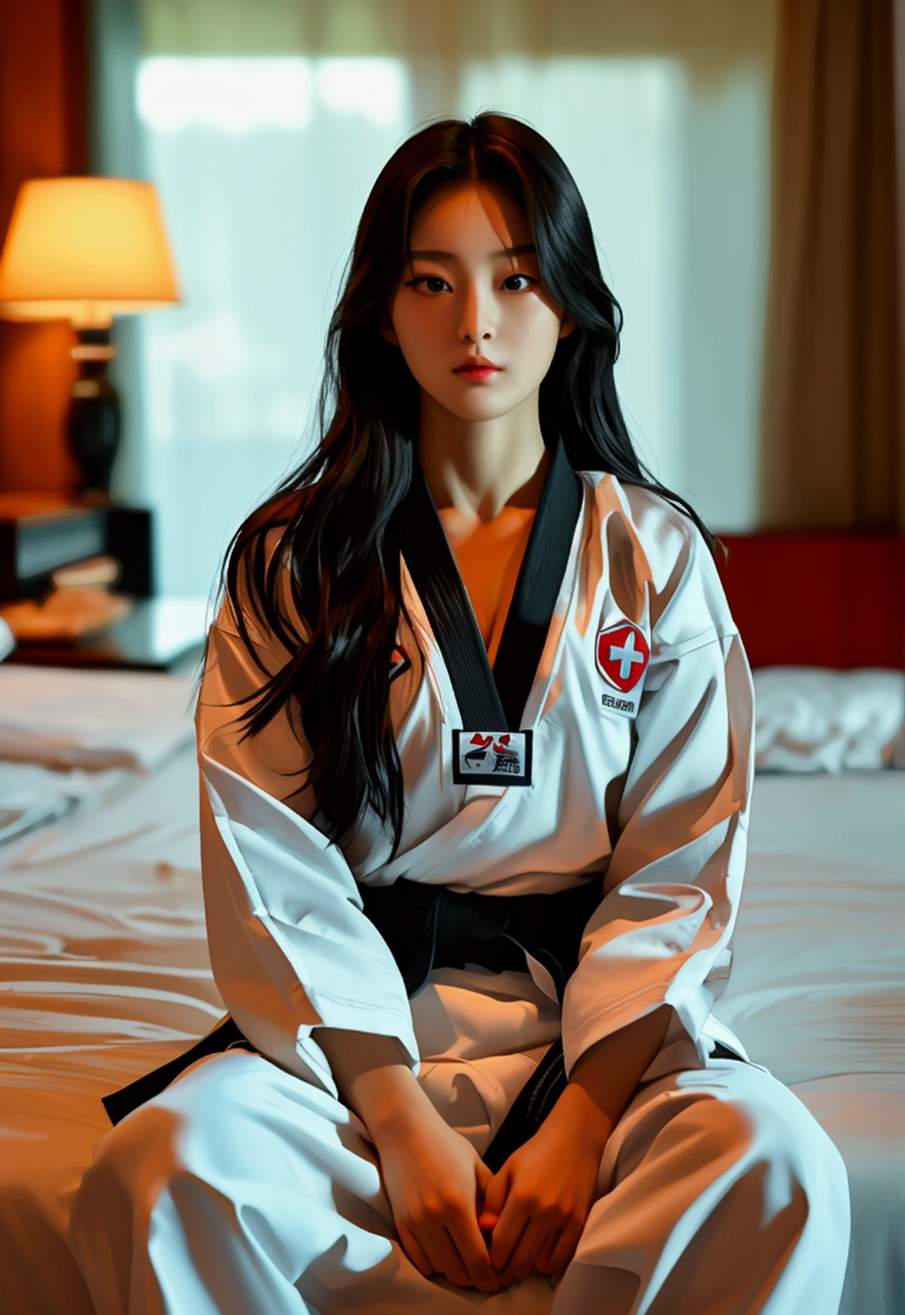 masterpiece, ultra details, best quality, 1 korean taekwondo girl, masterpiece, ultra details, best quality, black long straight hair, wearing white World Taekwondo Federation dobok uniform with black v-neck, wearing taekwondo blackbelt, wearing white martial arts pants without pockets, large sweaty butt, large breasts, laying on hotel bed bending over showing butt, seductive face