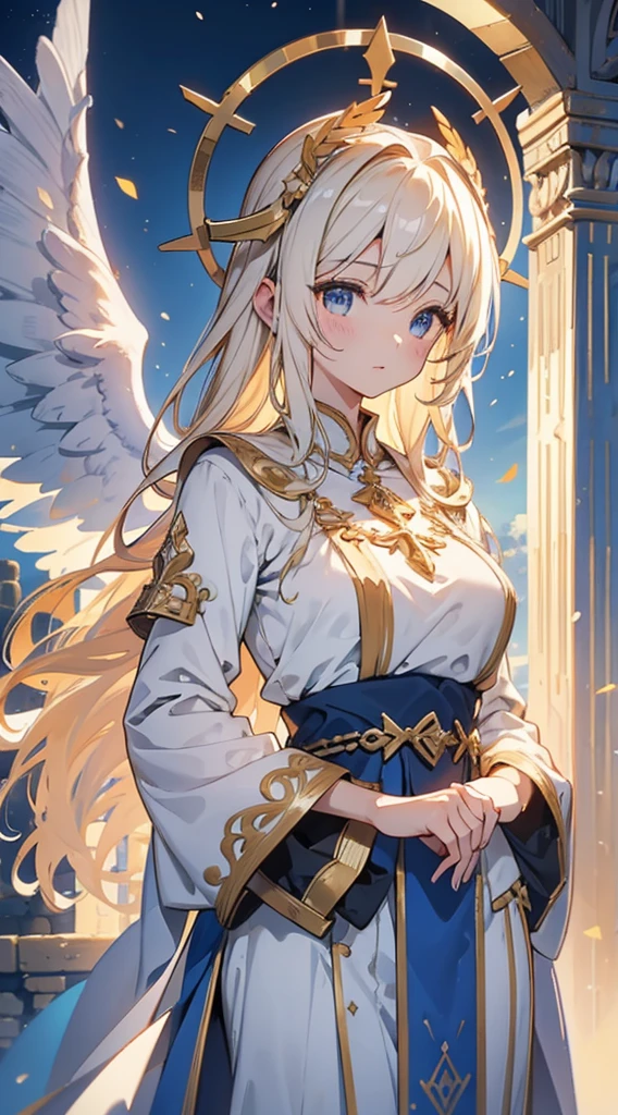 goddess,Fantasy style,Magic Style,Greek style,White gold color scheme,White and gold,goddess,Halo,Divinity,wing,wing,wing,wing,wing,Big breasts大屁股,Big breasts,Full figure,Royal sister,graceful,Noble temperament,robe,高开叉robe,Golden runes,Kingdom of Heaven background,Ancient Greek temple background,Close-up above the waist,Upper body close-up,Western style,Western style clothing,古希腊robe,Gods,Divinity,goddess,wing,goddess,goddess,Gods,cross