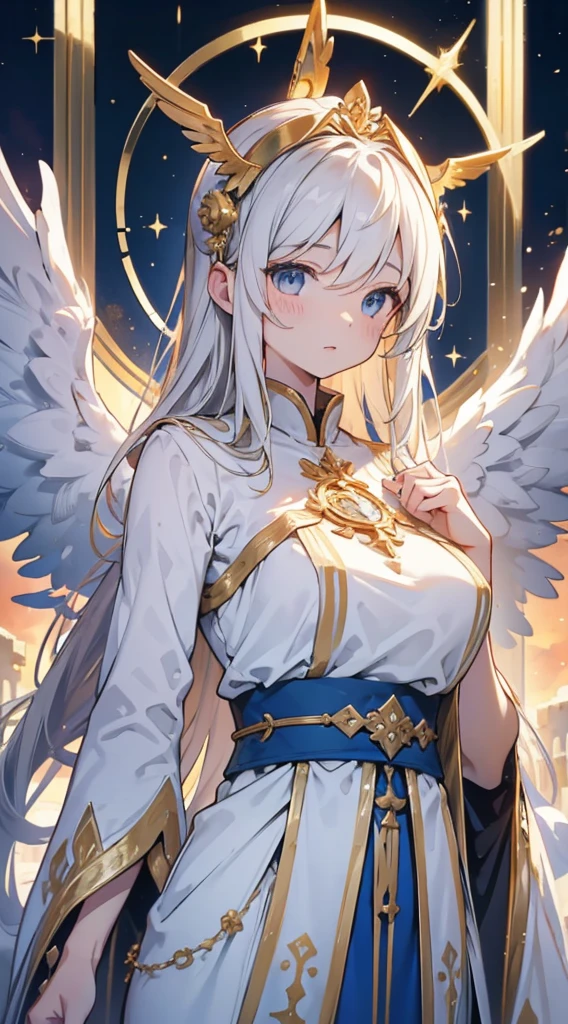 goddess，Fantasy style，Magic Style，Greek style，White gold color scheme，White and gold，goddess，Halo，Divinity，wing，wing，wing，wing，wing，Big breasts大屁股，Big breasts，Full figure，Royal sister，graceful，Noble temperament，robe，高开叉robe，Golden runes，Kingdom of Heaven background，Ancient Greek temple background，Close-up above the waist，Upper body close-up，Western style，Western style clothing，古希腊robe，Gods，Divinity，goddess，wing，goddess，goddess，Gods，cross