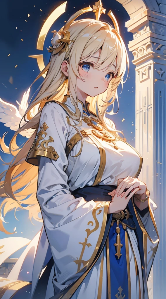 goddess，Fantasy style，Magic Style，Greek style，White gold color scheme，White and gold，goddess，Halo，Divinity，wing，wing，wing，wing，wing，Big breasts大屁股，Big breasts，Full figure，Royal sister，graceful，Noble temperament，robe，高开叉robe，Golden runes，Kingdom of Heaven background，Ancient Greek temple background，Close-up above the waist，Upper body close-up，Western style，Western style clothing，古希腊robe，Gods，Divinity，goddess，wing，goddess，goddess，Gods，cross
