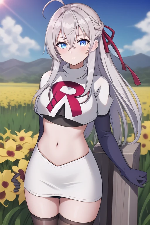 alisa,1girl,solo,long_hair,looking_at_viewer,bangs,blue_eyes,hair_between_eyes,hair_ribbon,ahoge,grey_hair,team rocket,team rocket uniform,white skirt,red letter R,crop top,black thigh-highs,black elbow gloves,flower_field