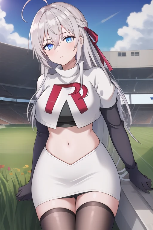 alisa,1girl,solo,long_hair,looking_at_viewer,bangs,blue_eyes,hair_between_eyes,hair_ribbon,ahoge,grey_hair,team rocket,team rocket uniform,white skirt,red letter R,crop top,black thigh-highs,black elbow gloves,flower_field