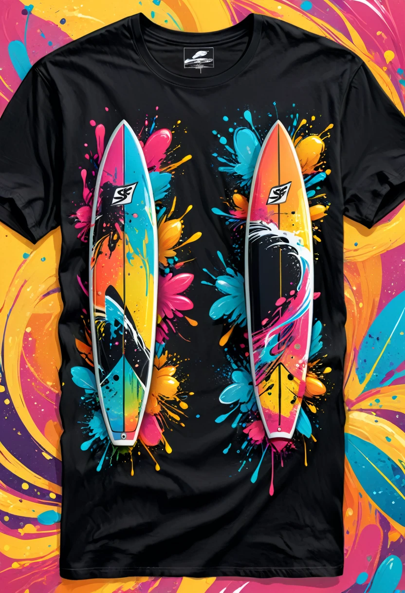 A black t-shirt with vector art of a colorful illustration featuring two surfboards, At the center, swirly vibrant colors, paint splashes and smears, high détail, t-shirt
(work of art, best qualityer, proffesional, perfect composition, very aesthetic, absurdrez, super verbose, details Intricate:1.3)