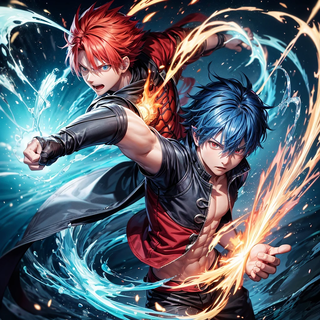 An elementalist fighting with fists of fire and water, half water, half fire,shouto todoroki