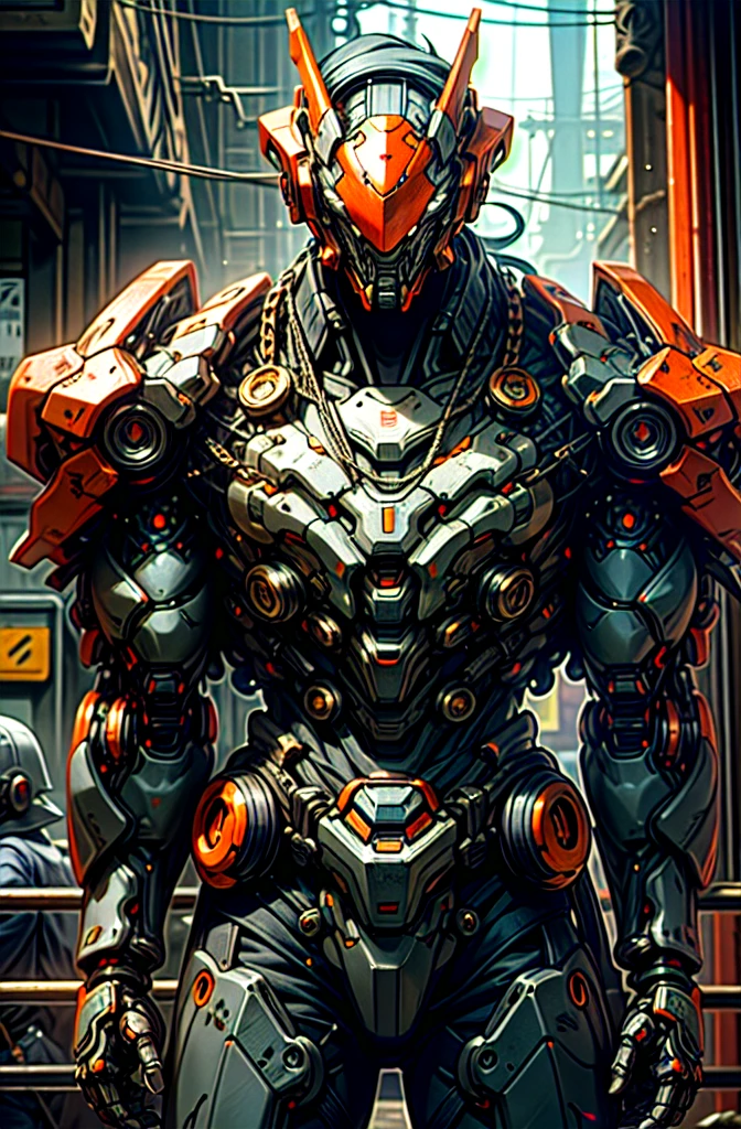Dark_Fancy,cyberpunk,(chain saw,chain saw man,red:1.1),1 man,mechanical wonder,Robotic presence,Cybernetic guardian, wearing a worn mechanical suit, intricate, (steel metal [Rusty]), elegant, clear focus, shot by greg rutkowski, soft lighting, vibrant colors, Masterpiece, ((street)), cowboy shot, dynamic pose,