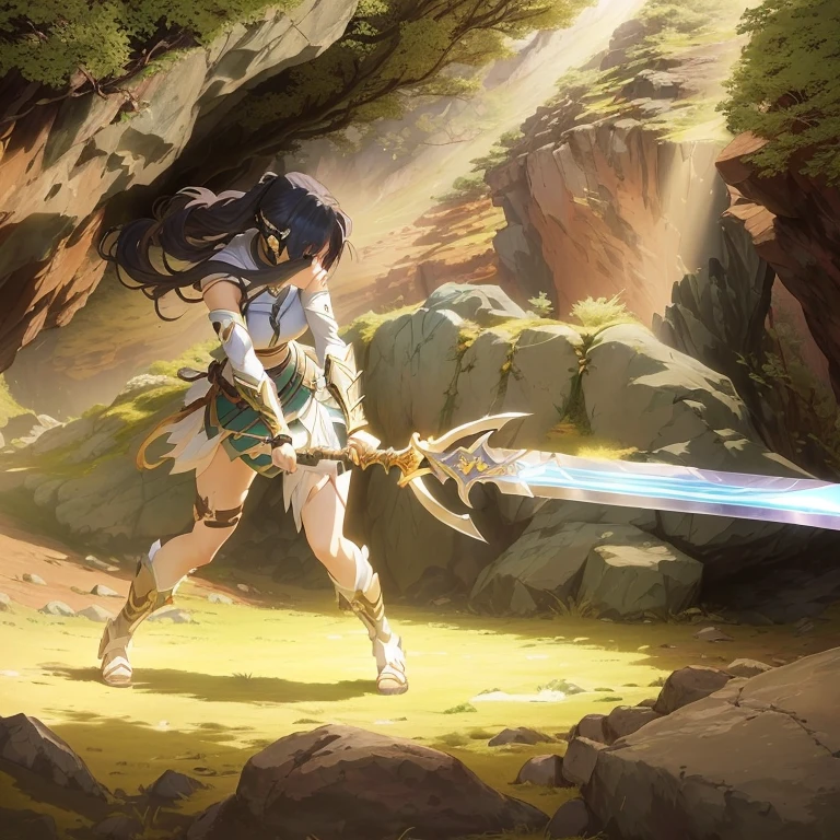 anime girl with sword in a cave with trees and rocks, epic anime style, with large sword, anime in fantasy style, she is holding a sword, 2. 5 d cgi anime fantasy artwork, anime epic artwork, badass anime 8 k, epic anime fantasy, advanced digital anime art ”, anime moe artstyle, female action anime girl, hold sword in the forest