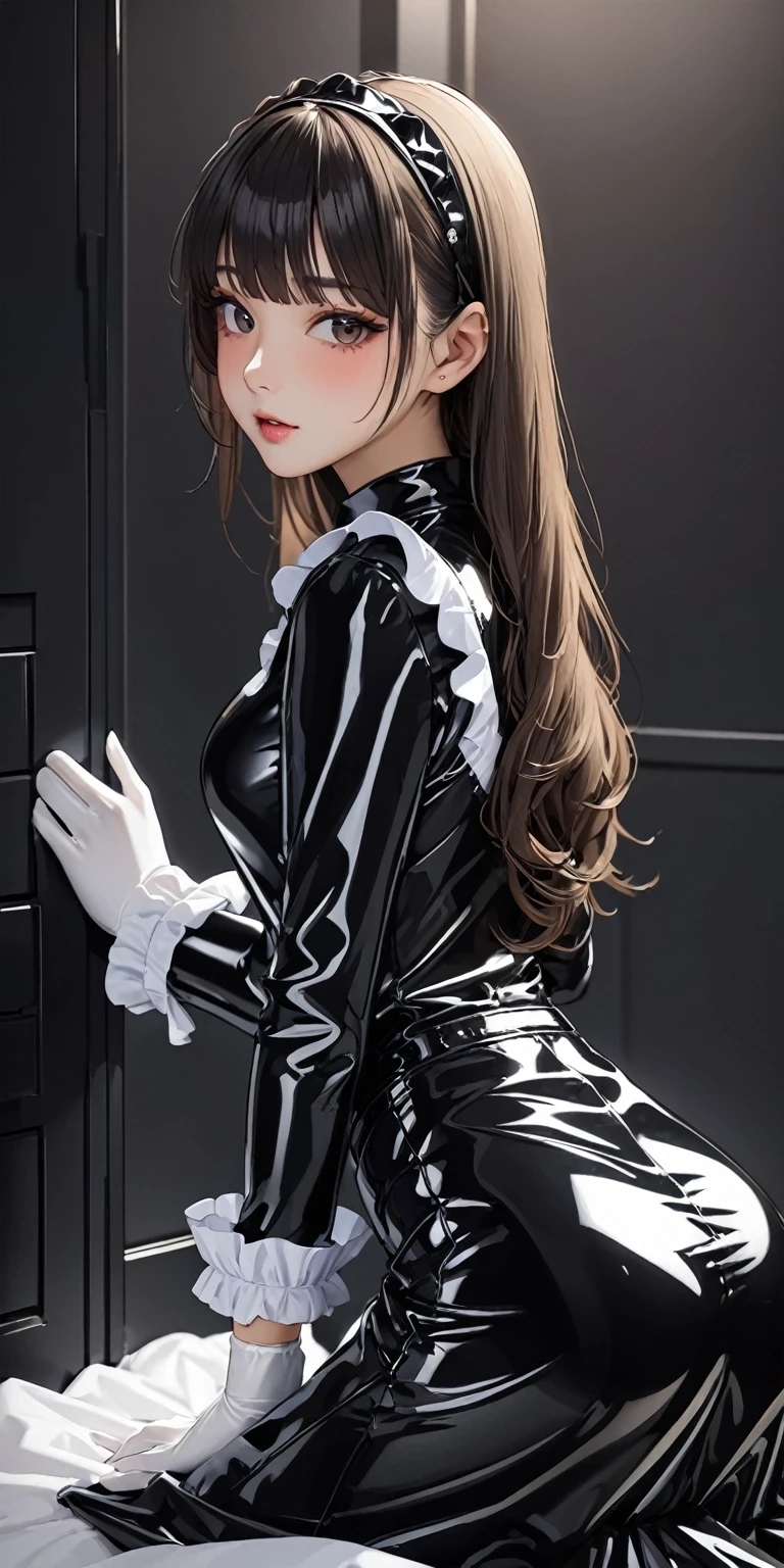 Portraiture、All fours pose、(masterpiece,Highest quality,Ultra-high resolution),Japanese women, (((Very beautiful 25 year old girl))),(Latex Maid Clothing)、((Latex Long Skirt))、(A long-sleeved latex shirt that covers the upper body)、Latex gloves、Latex socks、Latex bodysuit、Frills、The clothes fit snugly to the body、Latex is very shiny、Dark Room、