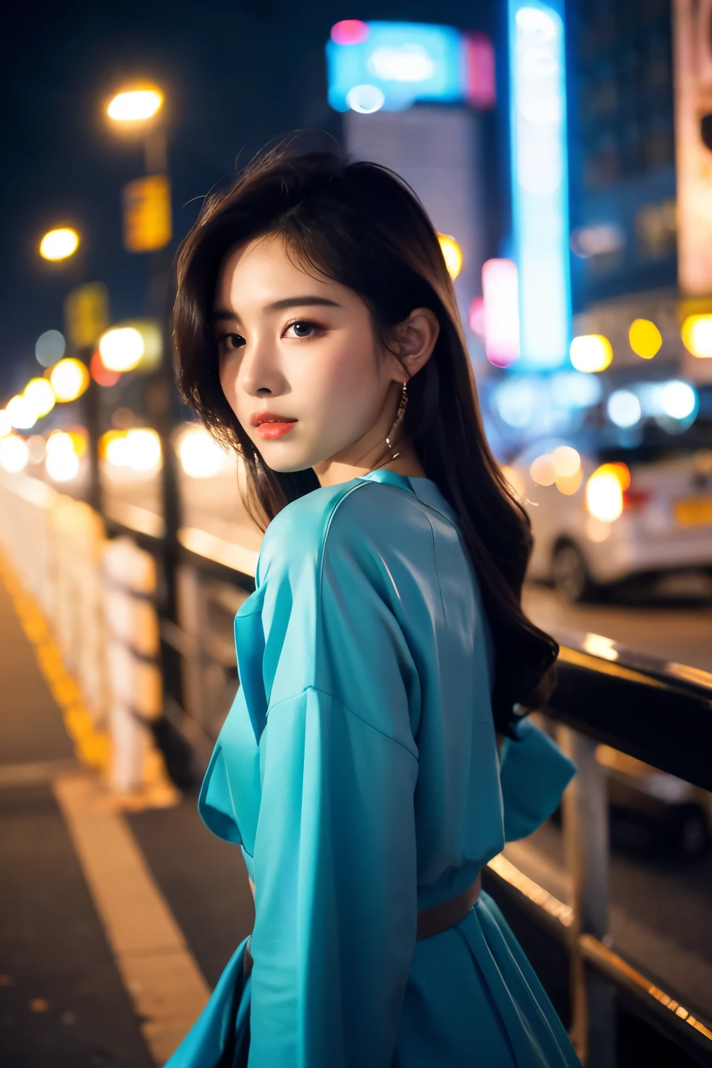 ((best quality)), ((masterpiece)), (aesthetics:1.4) A photo of a beautiful Korean fashion model bokeh city night scene