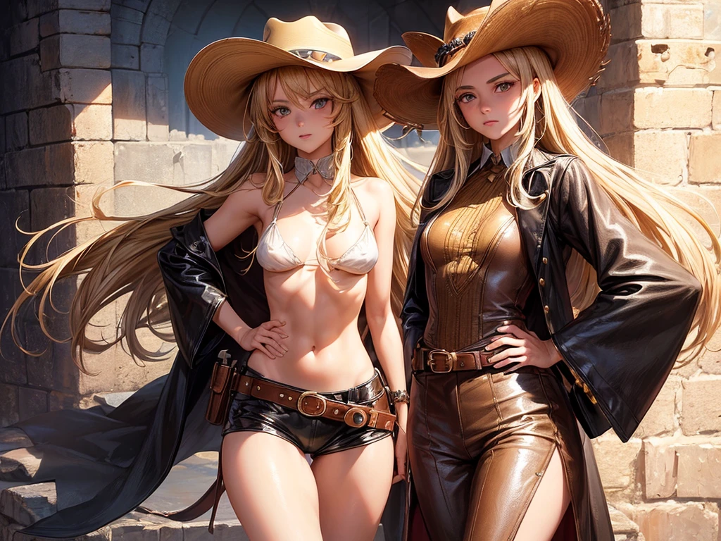 (((depcit very young girl))), (((elegant cowgirl))), sexy, blond hair, long hair, straight hair, cowby hat, (wearing leather cowboy clothes), ( leather revolvers belt), (hunting riffle), ( open legs, spread legs, brown eyes, thin , ((small breasts)), (nice hips), open shoulders, (sassy), (Masterpiece, Excellent, complex details), delicate girl, delicate face, back arched, pretty, sunny desert, a western atmosphere