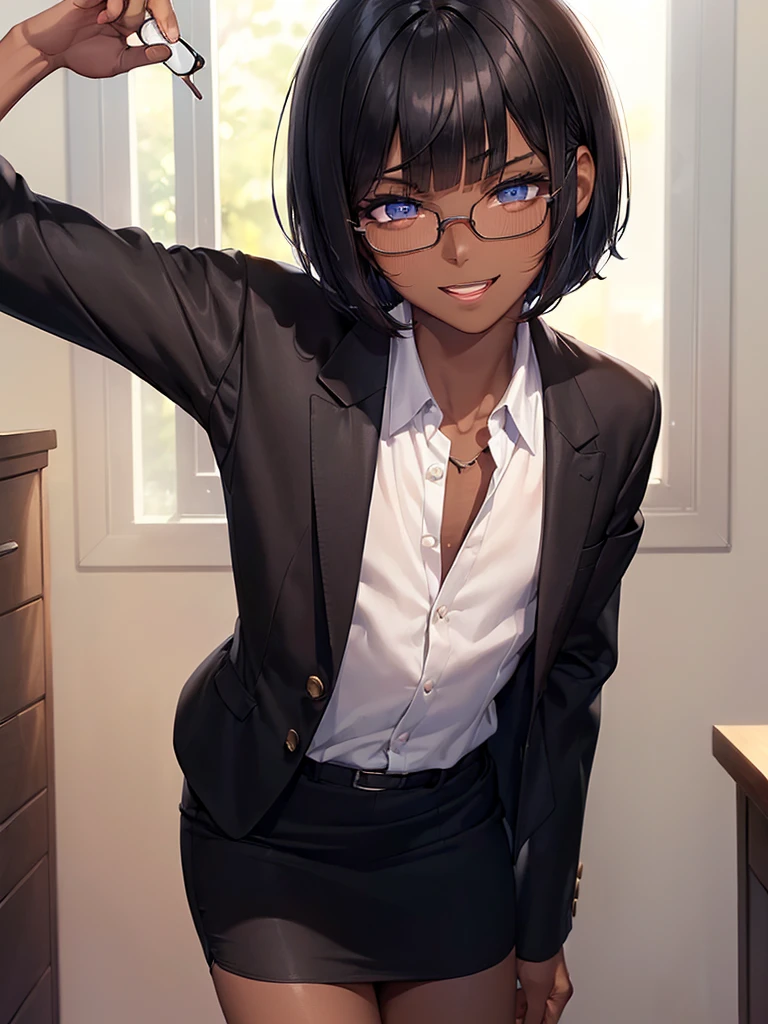 (1 boy:1.5),(dark skin:1.5),(masterpiece:1.2), highest quality, High resolution, unity 8k wallpaper, (fine and beautiful eyes:1.6), highly detailed face, perfect lighting, Detailed CG, (perfect hands, perfect anatomy),20 years old, (black hair:1.3), detailed eyes, best quality, extremely detailed, very precise detailed, (glasses:1.4), , (straight hair:1.5), (evil smile:1.4) ,long sidelocks, (blush:1.3),(very short bob:1.4),(blunt bangs:1.4), (greaming skin:1.3),(bent over:1.1),(flat chest),(business suit),(open mouth),pencil Skirt
