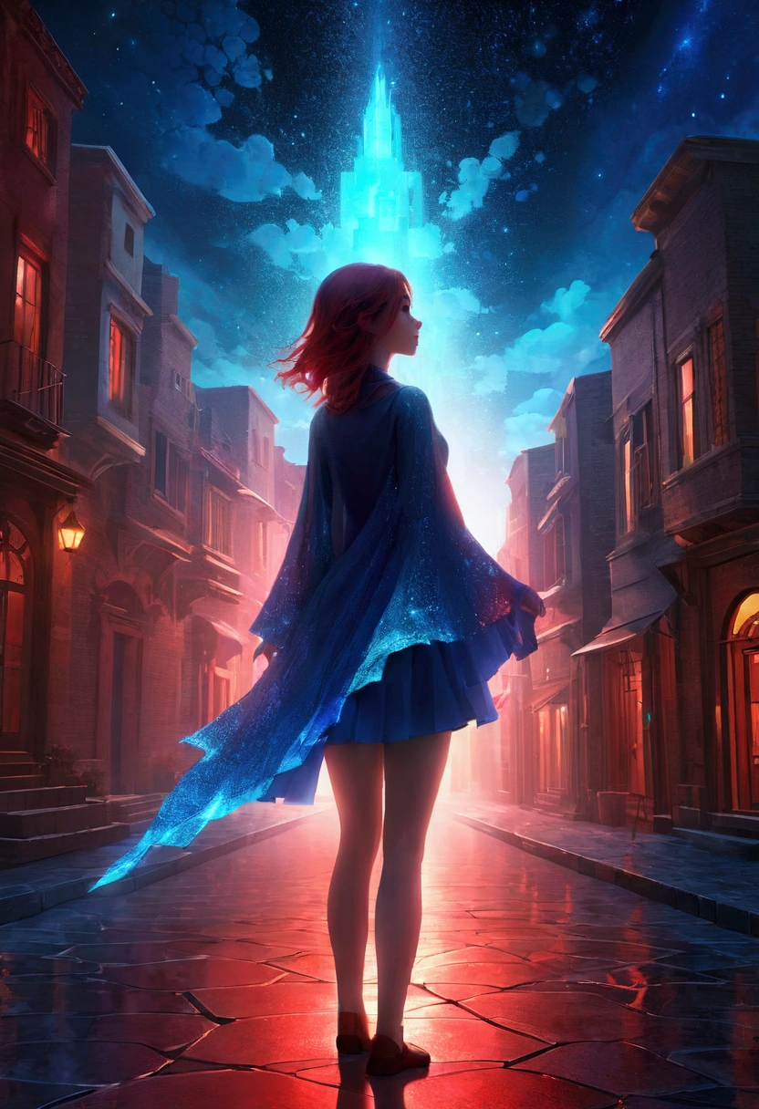 night,Beautiful girl with blue gradient dissolving pixels, 3D Voxel Blocks, A structure that was initially intact but gradually disintegrated in the air, Starry Sky,fantasy,magic,mystery,illusory,Dreamy,(Inverted red symmetrical city silhouette in the sky:1.2), Dramatic lighting,high quality,Octane Rendering,Concept map of the scene,