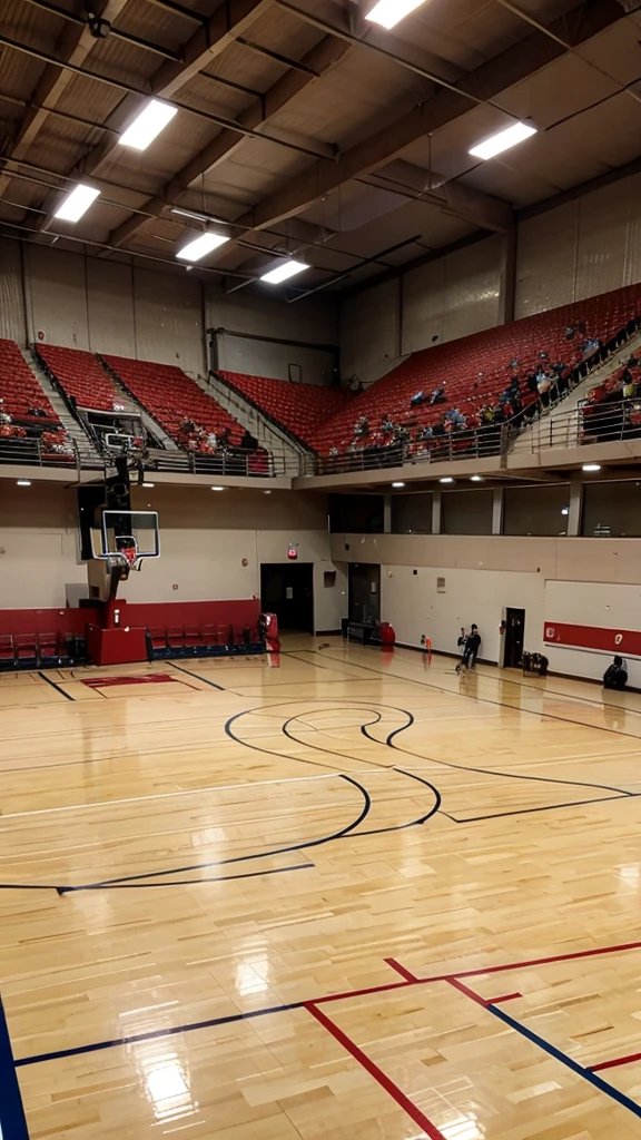 A panoramic view of a basketball court, showcasing the bleachers, hoops, and the surrounding environment.