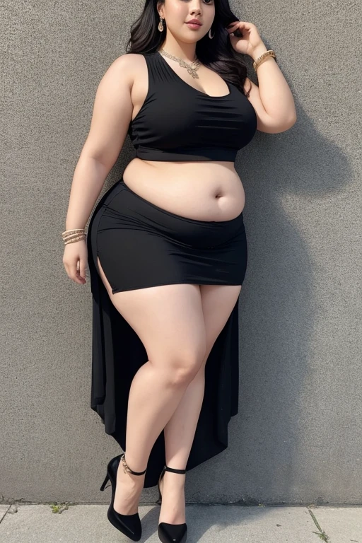 130kg, Extremely obese woman, large belly, abdominal exposure, exposed navel, mini skirt, high heel, earring, necklace, bracelet, Outer eyelid