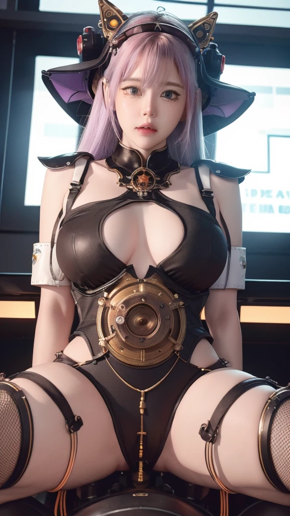 1 mechanical girl、((The details are extremely realistic.))、Portlet、world class illumination、shadow、Octane render、8K、extra sharp、Steampunk Cyborg Body、white porcelain body、hydraulic cylinder、Details of intricate jewelry、Details of Gothloli、Very complicated details、realistic light、CGSoation trend、purple eyes、sparkling eyes、Facing the camera、neon details、big 、You can see the separation.、mechanical limbs、Blood vessels that connect to the spine tubeechanical attached to the back、The mechanical cervix is attached to the neck.、sit on、Wires and cables connect to the head.、The background is a steampunk area.、
