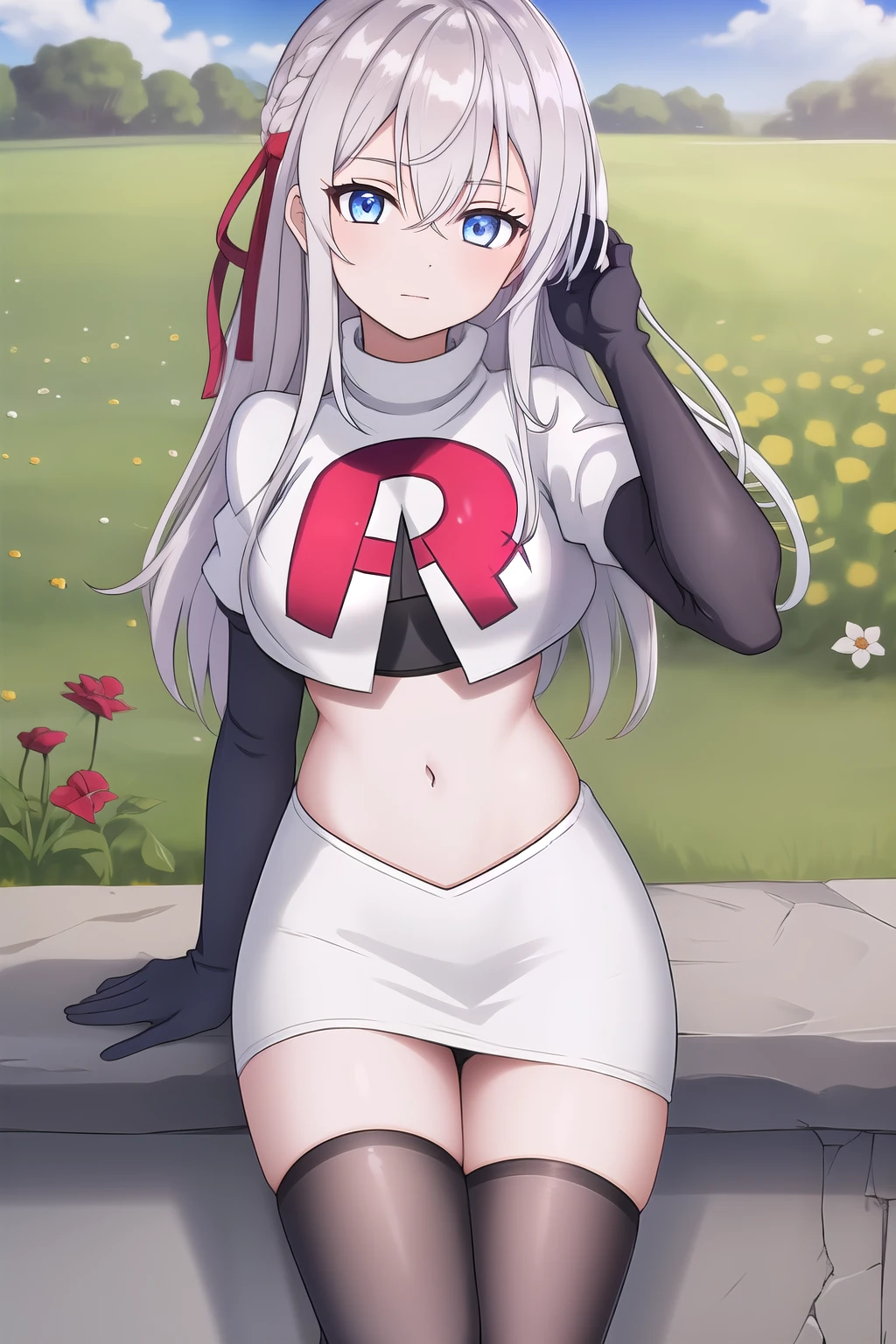alisa,1girl,solo,long_hair,looking_at_viewer,bangs,blue_eyes,hair_between_eyes,hair_ribbon,ahoge,grey_hair,team rocket,team rocket uniform,white skirt,red letter R,crop top,black thigh-highs,black elbow gloves,flower_field