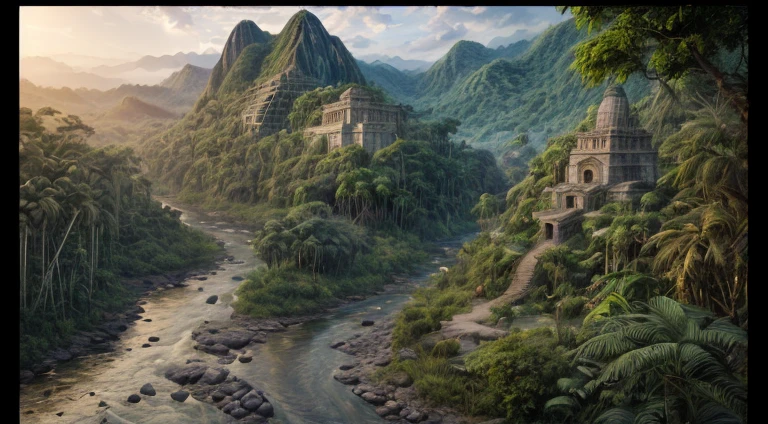 a photorealistic, award winning, best detailed, absurres, landscape (National Geographic style: 1.3)  picture of a fantasy jungle at dawn, many (jungle trees: 1.3),  a (river crossing the jungle: 1.3), sun rising being reflected in the river, an Inca temple in the horizon, a shot from birds view, sun setting light,  best quality, 16k, [ultra detailed], masterpiece, best quality, (ultra detailed), full body, ultra wide shot, photorealistic,