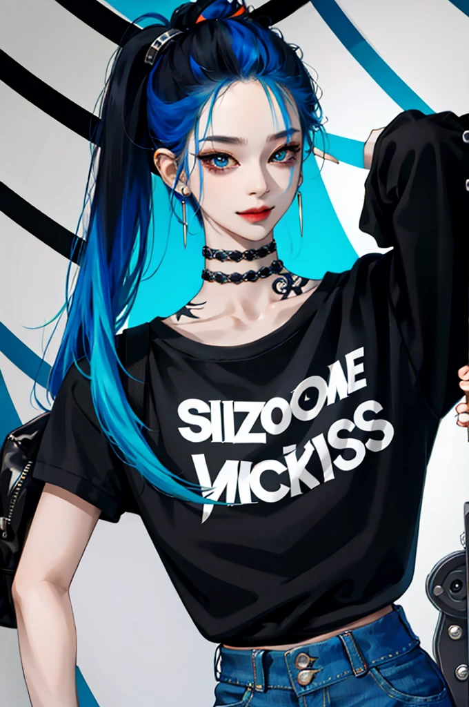 kpop girl with rizz smile face, bad ass, black, neon cyan orange hair, tattoos on hands and neck, piercing, black mixed blue striped sweater, cool badass pose, smoke background, colorful smoke background