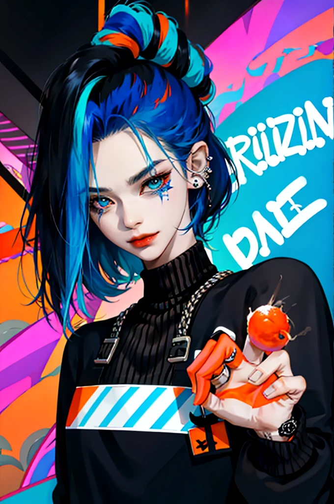 kpop girl with rizz smile face, bad ass, black, neon cyan orange hair, tattoos on hands and neck, piercing, black mixed blue striped sweater, cool badass pose, smoke background, colorful smoke background