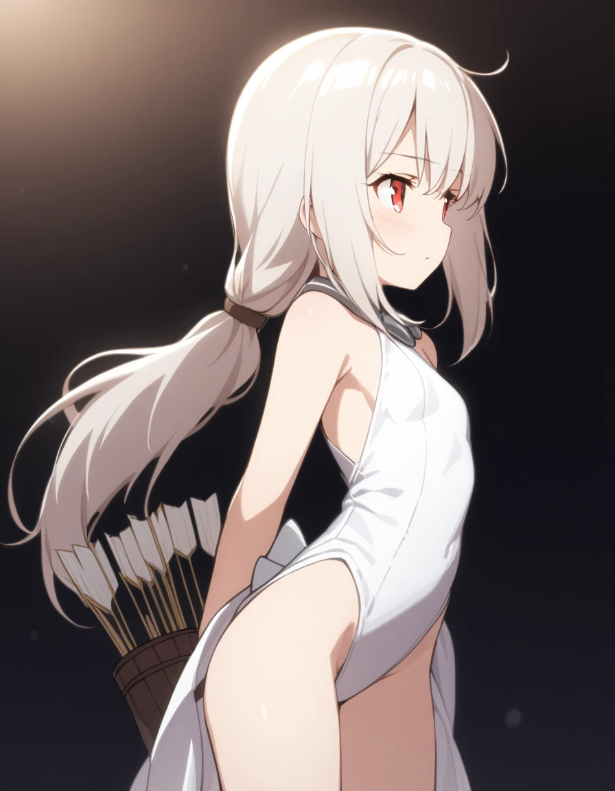 1 girl, shiny backlight, volumy long ponytail, silver hair, red eyes, middle breasts, her hair is fluttering down, white fantasic leotard outfit, white long loincloth,brown belts, long Quiver of Arrows behind back, open legs,open thighs, arched back, scerious,cowboy shot, masterpiece, best quality, general,standing,facing forward
