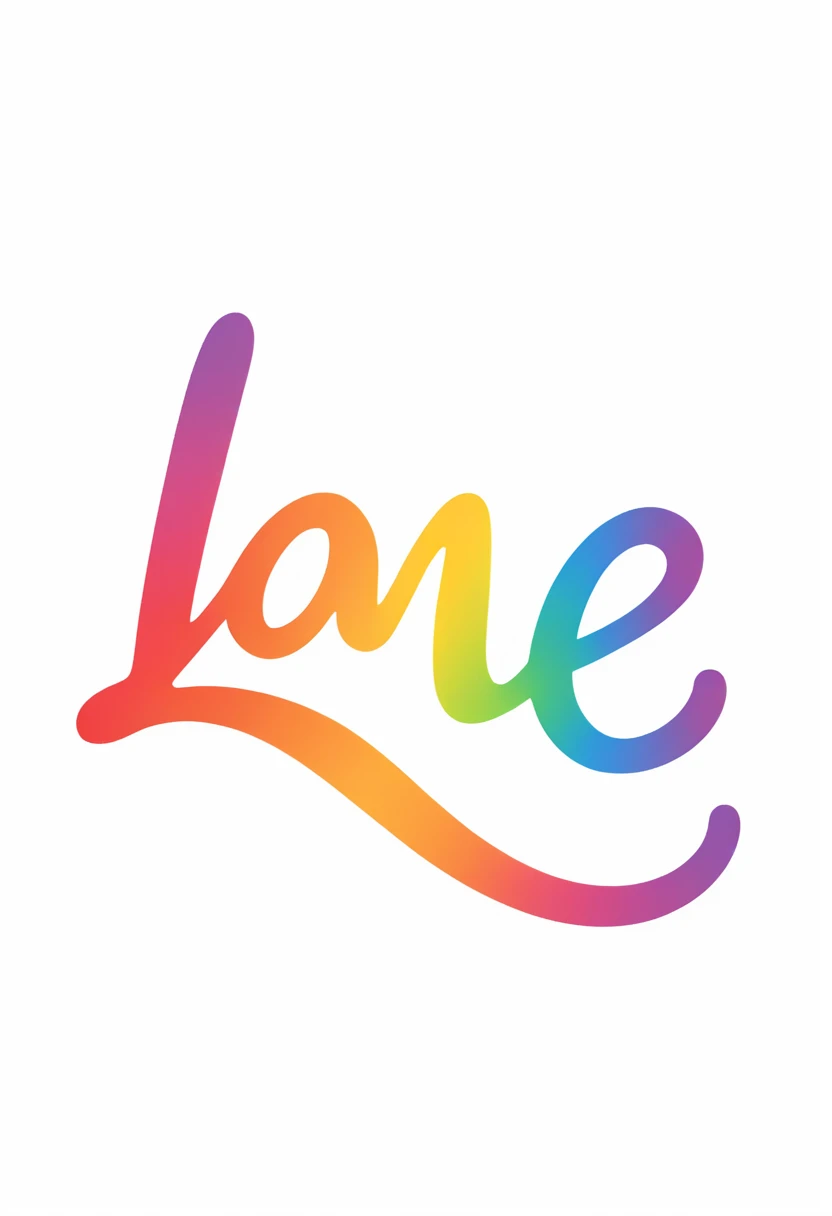 The image features the word Love written in white, cursive lettering, over a vibrant rainbow-colored background with soft gradient strokes of red, orange, yellow, green, blue, and purple.