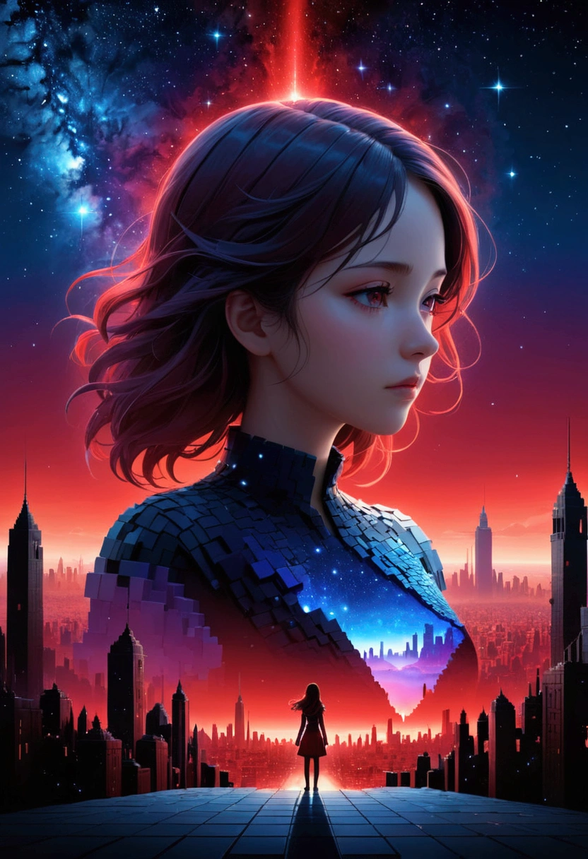 night,Beautiful girl with blue gradient dissolving pixels, 3D Voxel Blocks, A structure that was initially intact but gradually disintegrated in the air, Starry Sky,fantasy,magic,mystery,illusory,Dreamy,(Inverted red symmetrical city silhouette in the sky:1.2), Dramatic lighting,high quality,Octane Rendering,Concept map of the scene,