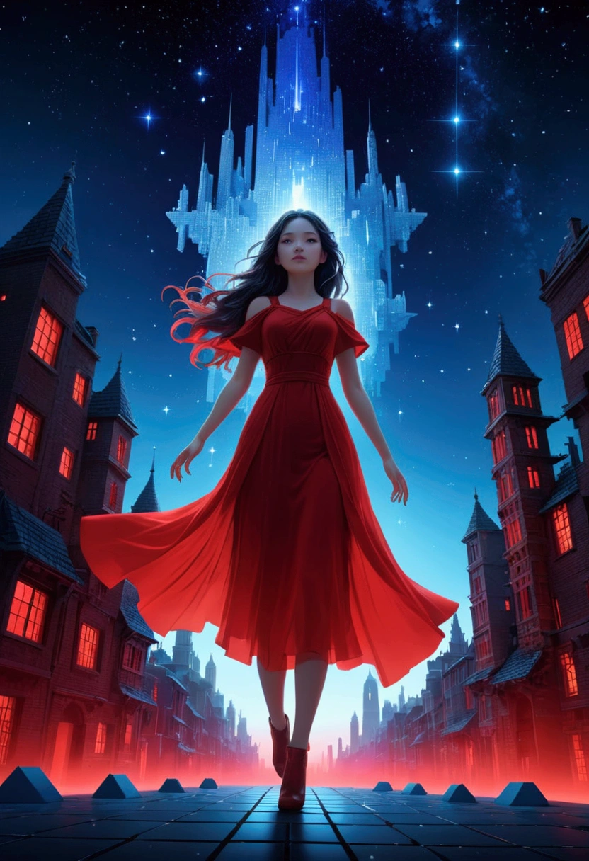 night,Beautiful girl with blue gradient dissolving pixels, 3D Voxel Blocks, A structure that was initially intact but gradually disintegrated in the air, Starry Sky,fantasy,magic,mystery,illusory,Dreamy,(Inverted red symmetrical city silhouette in the sky:1.2), Dramatic lighting,high quality,Octane Rendering,Concept map of the scene,
