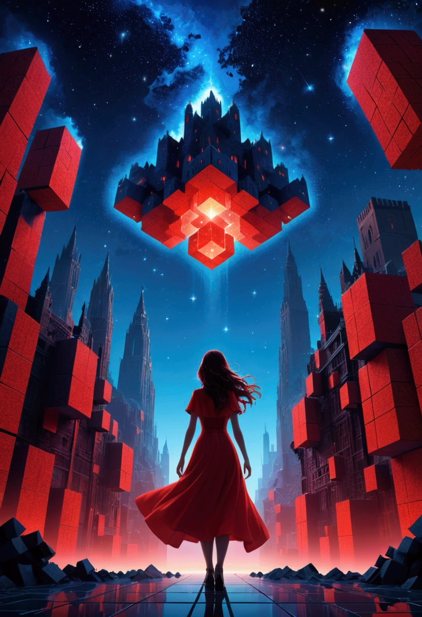 night,Beautiful girl with blue gradient dissolving pixels, 3D Voxel Blocks, A structure that was initially intact but gradually disintegrated in the air, Starry Sky,fantasy,magic,mystery,illusory,Dreamy,(Inverted red symmetrical city silhouette in the sky:1.2), Dramatic lighting,high quality,Octane Rendering,Concept map of the scene,